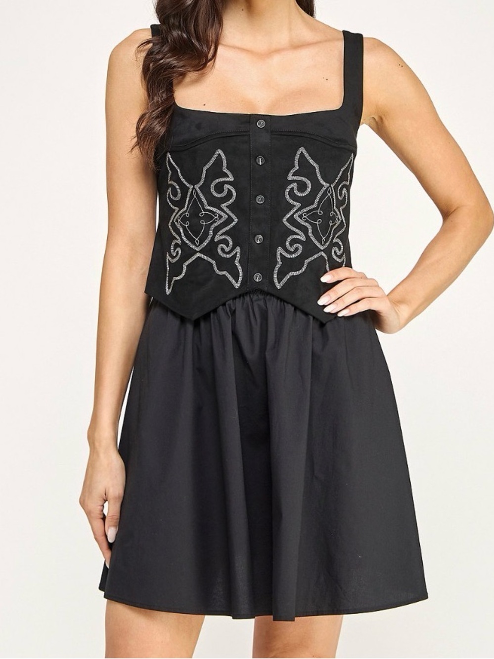 New SENI & CADE Square Neck Embroidered Vest Lace Up Back With Short Skirt